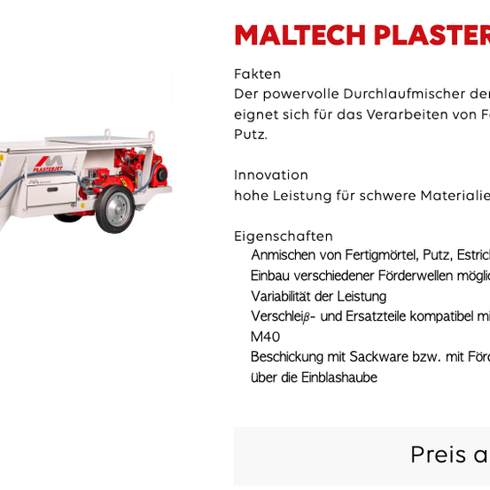Ein Bild des Maltech Plasterjets mit Details zu seinen Funktionen, Leistung und Spezifikationen. Der Text ist auf Deutsch.