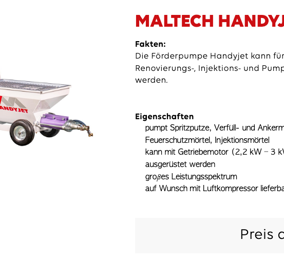 Das Bild zeigt eine Maltech HandyJet, eine vielseitige Pumpe für Spritz-, Renovierungs-, Injektions- und Pumparbeiten. Sie verfügt über eine Pumpe für Spritz-, Füll- und Ankermörtel, und kann mit einem Getriebegehäuse ausgestattet werden.