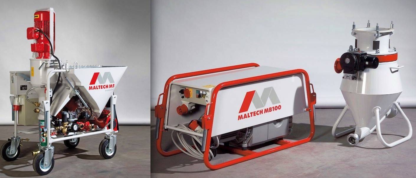 Zwei Bilder von Maltech-Geräten. Das linke Bild zeigt eine rot-weiße Maschine mit einem Rad. Das rechte Bild zeigt eine rot gerahmte Maschine mit der Aufschrift Maltech MB100.
