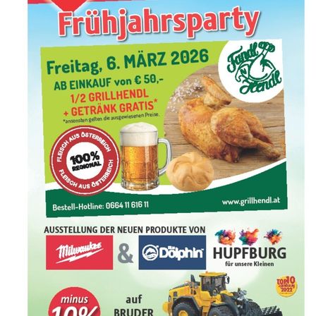 Werbung für eine Frühjahrsparty am 6. März 2026 mit Angebot von halbem gegrilltem Huhn und einem kostenlosen Getränk bei einem Einkauf von 50€. Die Veranstaltung präsentiert lokale Produkte und eine Ausstellung neuer Produkte.