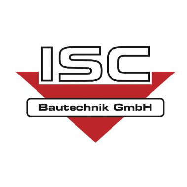 Logo der ISC Bautechnik GmbH, mit stilisiertem 'ISC' und 'Bautechnik GmbH' darunter in weißem Text auf rotem Dreieckshintergrund.