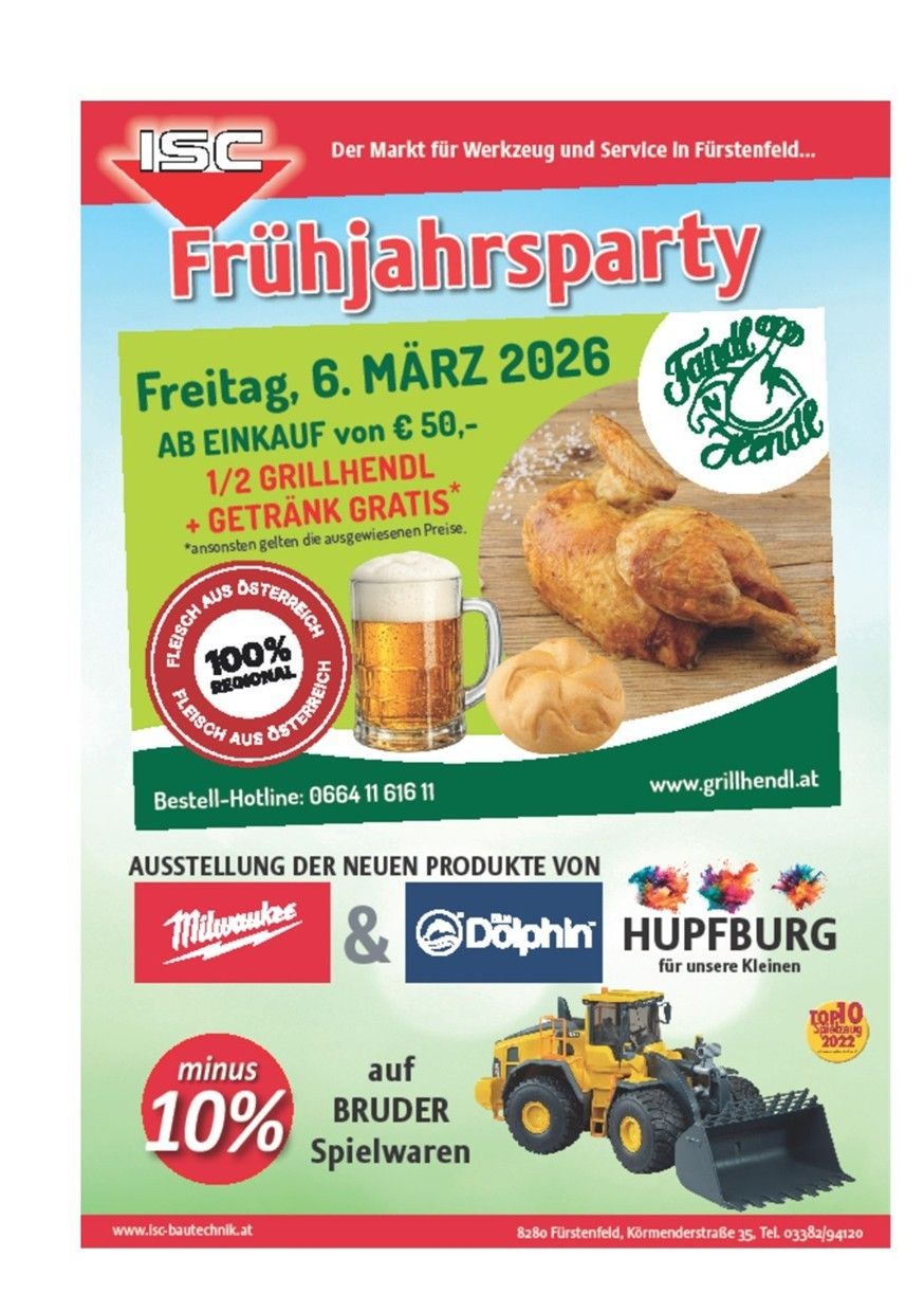 Werbung für eine Frühjahrsparty bei Grill Hendlin am 6. März 2026. Angebote beinhalten ein halbes gegrilltes Huhn für 50 €, ein kostenloses Getränk und 10% Rabatt auf Bruder Spielzeug.
