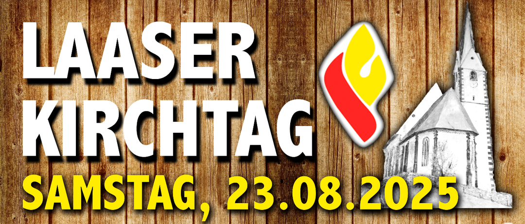Werbeplakat für Kirchtag-Veranstaltung am Samstag, 23. August 2025. Aktivitäten umfassen Kindercrosslauf um 17:00, Unterhaltung von Agner Blos ab 19:00 und Tanz mit Wolayer Seen ab 22:00. Happy Hour von 21:00 bis 22:00. Eintritt: 10 EUR, VVK: 8 EUR.