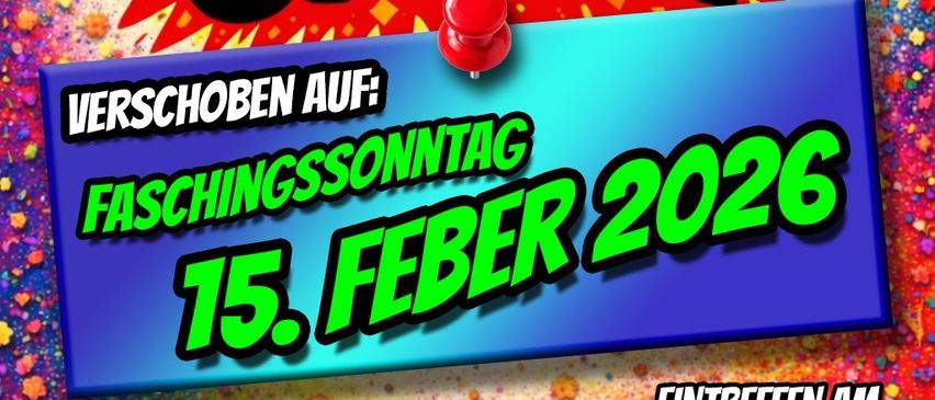 Plakat für das Laser Faschings Umzug Event am 15. Februar 2026. Mit einer roten Stecknadel und buntem Hintergrund.