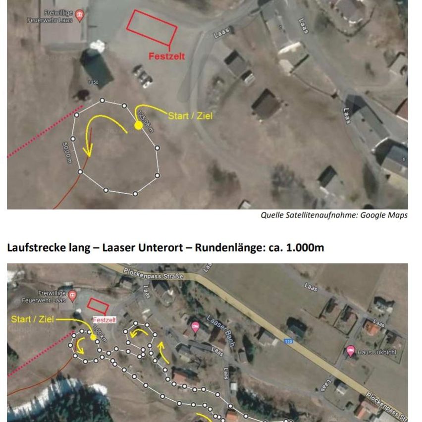 Eine Satellitenaufnahme zeigt eine Karte mit einem markierten Bereich namens 'Festzelt' und einem mit gelben Pfeilen gekennzeichneten Weg. Die Karte enthält Entfernungen und einen Hinweis, dass die Quelle Google Maps ist.