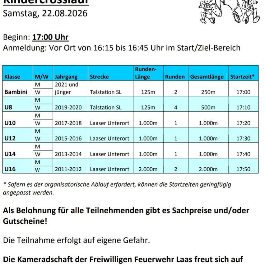 Ein Flugblatt für ein Kinder-Crosslauf-Event am 22. August 2026 mit Anmeldedetails, Startzeiten und Distanzen für verschiedene Altersgruppen.