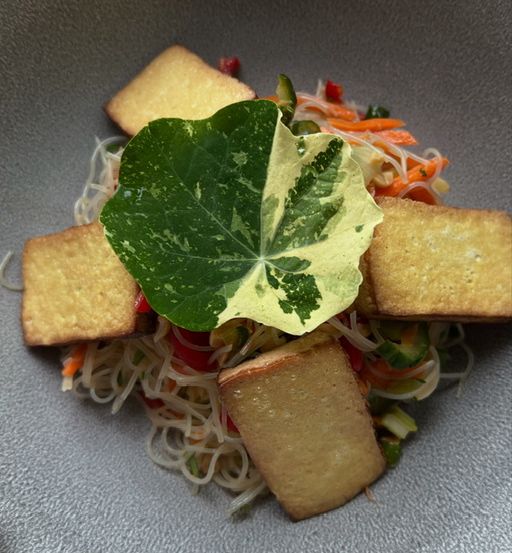 Ein Teller mit einem farbenfrohen Gericht, bestehend aus weißen Nudeln, einem grünen Blatt und getoasteten Brotquadraten, zusammen mit buntem Gemüse.