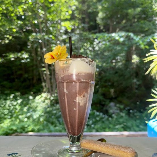 Ein Schokoladenmilchshake mit Eis und einer gelben Blume steht auf einem Tisch im Garten.