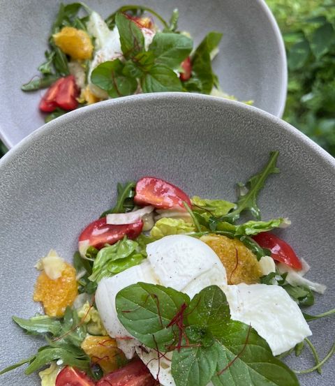 Zwei Schalen Salat mit Tomaten, Mozzarella und Blattgemüse. Der Salat ist mit einer Orangenscheibe und Basilikum garniert.