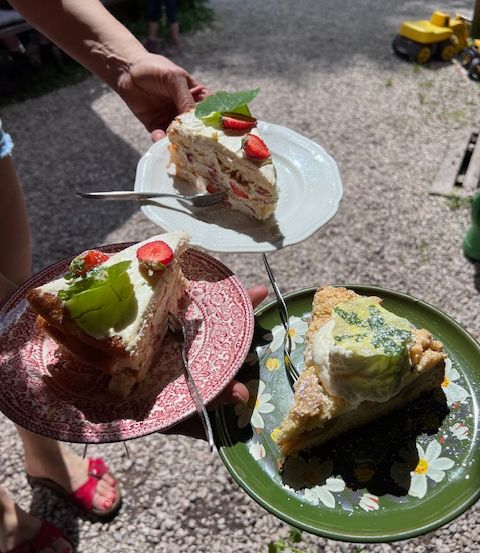 Eine Person hält drei Kuchenplatten mit Gabeln, auf einem Kiesweg mit einem Spielzeug im Hintergrund.
