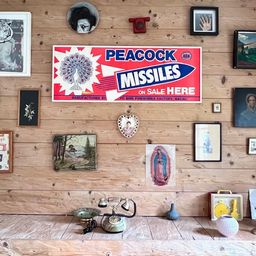 An einer Holzwand hängen verschiedene gerahmte Bilder und Poster, darunter ein Schild für Peacock Missiles zum Verkauf. Ein Telefon, eine Vase und andere Gegenstände stehen auf einem Holzregal.