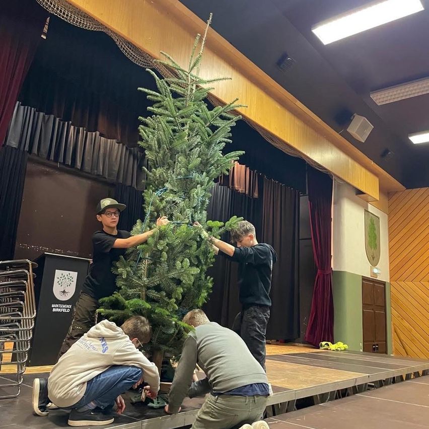 Vier Personen schmücken eine Weihnachtsbaum auf einer Bühne, zwei von ihnen tragen Mützen. Hinter ihnen stehen Stühle und ein Podium mit Logo. Ein großer Baum steht in der Mitte, und Bühnenvorhänge sind im Hintergrund.