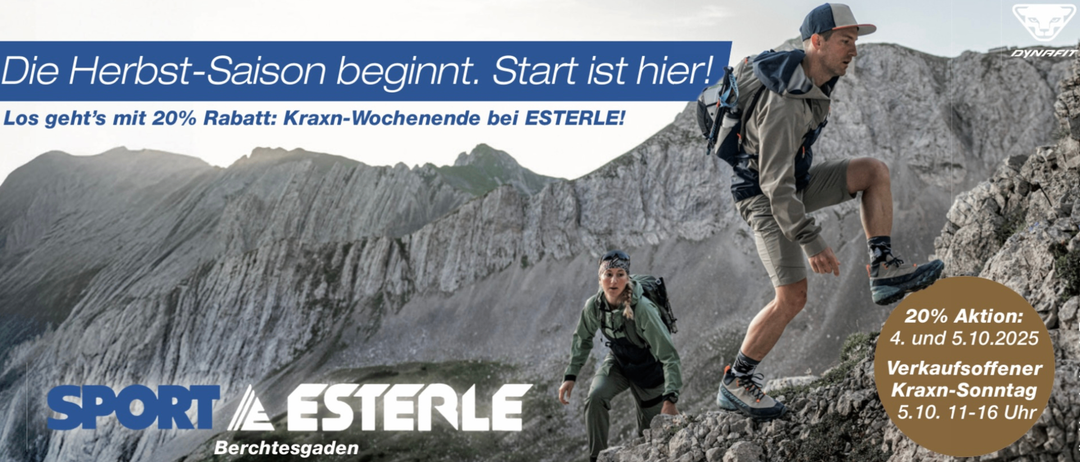 Zwei Menschen wandern auf felsigen Bergen mit dem Markennamen Esterle und dem Text 'Die Saison beginnt. Der Start ist hier!' und 'Mach mit bei den Wellness-Wochen bei Esterle!'.
