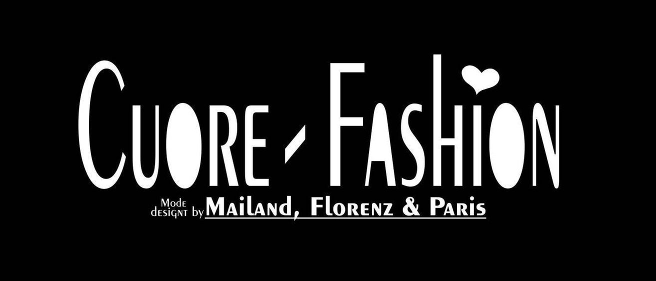 Das Logo für Cuore Fashion, entworfen von MaiLand, Florenz und Paris, wird auf schwarzem Hintergrund angezeigt. Die Worte Cuore Fashion sind in Weiß, wobei das Wort Cuore oben ein Herz hat. Darunter steht der Text Mode Design von MaiLand, Florenz & Paris.