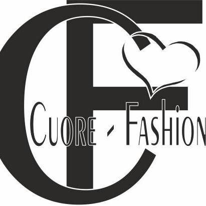 Schwarz-weißes Logo mit einem Kreis und dem Wort Cuore Fashion in fetten Buchstaben. Ein Herz befindet sich in der Mitte des Buchstabens F.