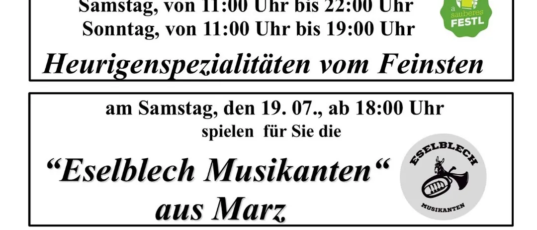 Das Poster kündigt eine Feuerwehr-Veranstaltung in Kalkgruben vom 18. bis 20. Juli 2025 an. Es enthält Öffnungszeiten und erwähnt ein Hochzeitsspecial am 19. Juli mit Musikern. Am 20. Juli findet eine Veranstaltung mit der Gruppe Die Kluaricha statt.