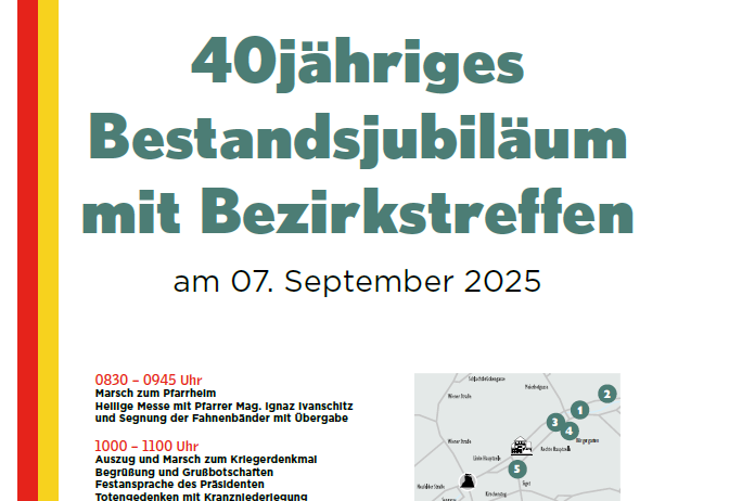 Ein Plakat für das 40-jährige Bestehensjubiäum mit Bezirkswanderungen am 7. September 2025. Die Veranstaltung umfasst einen Marsch, Reden und eine geführte Tour. Sie findet von 8:30 bis 9:45 Uhr am Marsch zum Prärrie Mag statt. Der Abschluss ist im Gasthaus Jaitz.