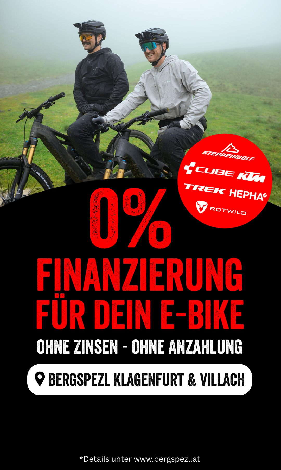 Zwei Personen fahren E-Bikes auf einer Rasenfläche. Die Werbung betont Finanzierung mit null Prozent für E-Bikes ohne Zinsen und ohne Anzahlung. Genannte Marken sind Steppenwolf, Cube, KTM, Trek, Hepha und Rotwild.