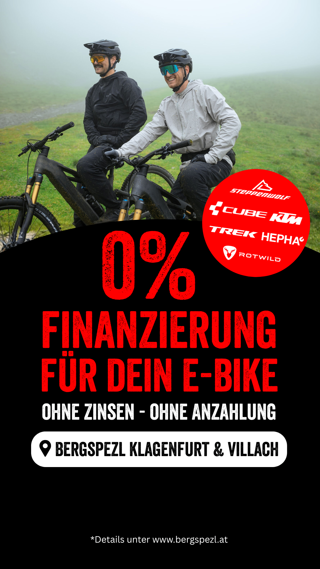 Zwei Personen fahren E-Bikes auf einer Rasenfläche. Die Werbung betont Finanzierung mit null Prozent für E-Bikes ohne Zinsen und ohne Anzahlung. Genannte Marken sind Steppenwolf, Cube, KTM, Trek, Hepha und Rotwild.