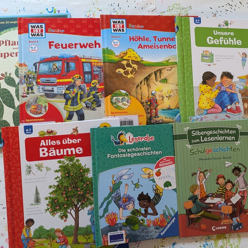 Mehrere Kinderbücher sind auf einem farbenfrohen Hintergrund ausgestellt. Titel umfassen 'Was Ist Was', 'Feuerwehr', 'Höhle, Tunnel, Ameisenbau', 'Unsere Gefühle', 'Alles über Bäume', 'Die schönsten Fantasiegeschichten' und 'Silbengeschichten zum Lesenlernen'.