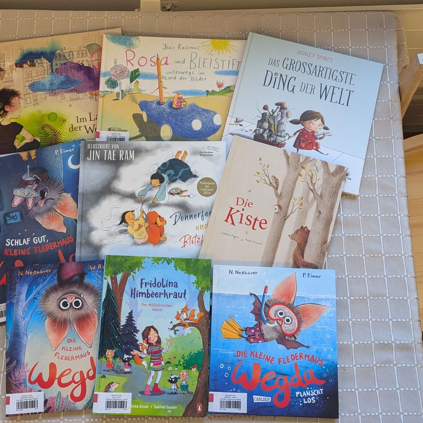 Multiple children's books with colorful illustrations are laid out on a patterned surface. Titles include 'Rosa und Bleistift,' 'Jin Tae Ram,' 'Schlaf gut, kleine Fledermaus,' 'Friedolina Hümbeekraut,' and 'Die kleinste Fledermaus plant los.'