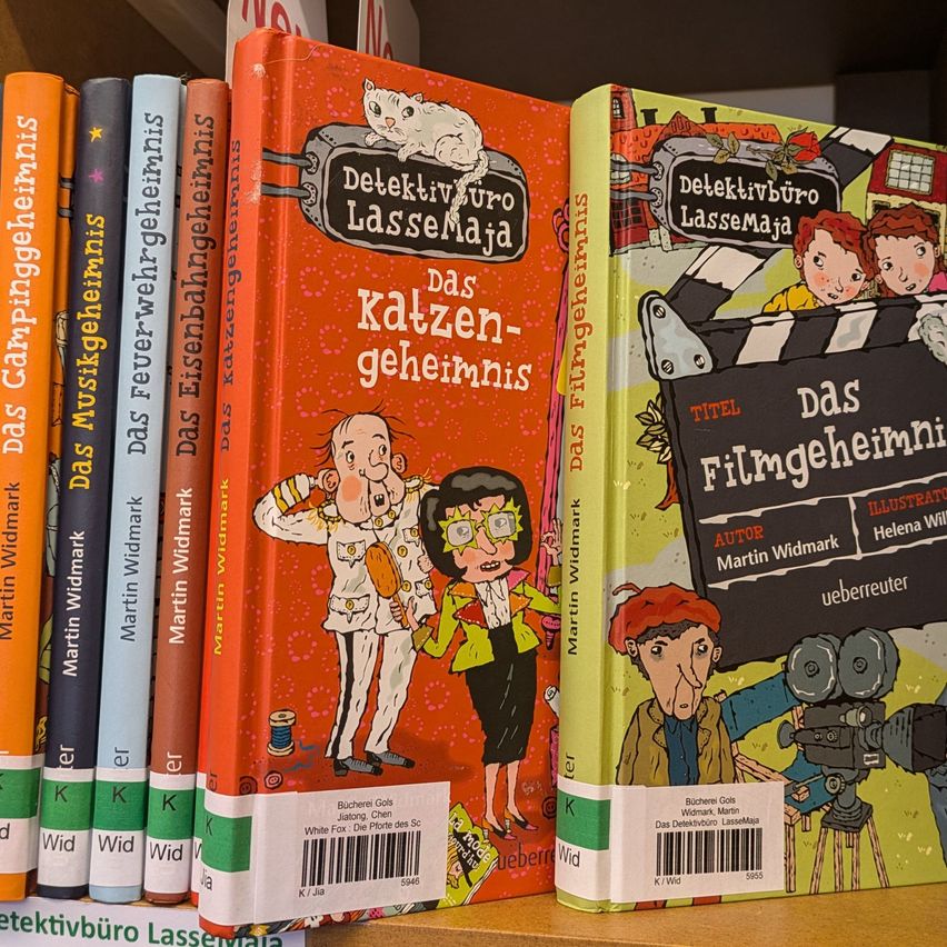 A row of children's books titled 'Das Katzen-geheimnis' and 'Das Filmgeheimnis' by Martin Widmark, with illustrations by Helena Will.