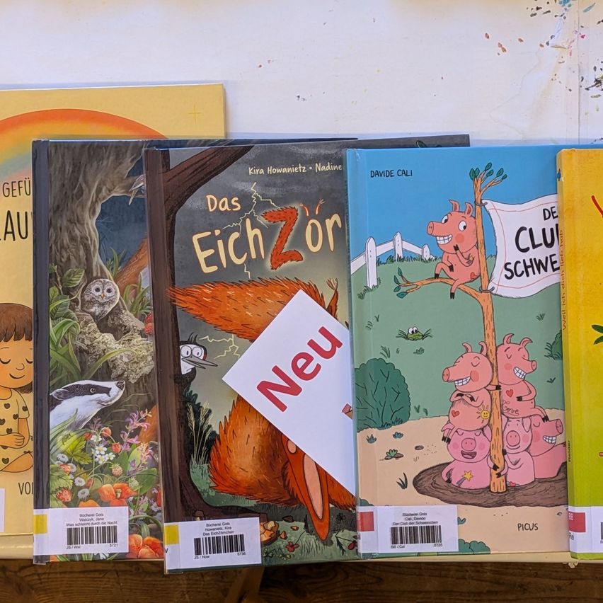 Fünf Kinderbücher auf einem Regal, eines mit einem roten Aufkleber, der 'Neu' steht. Die Titel sind nicht sichtbar, aber sie haben farbenfrohe Illustrationen.