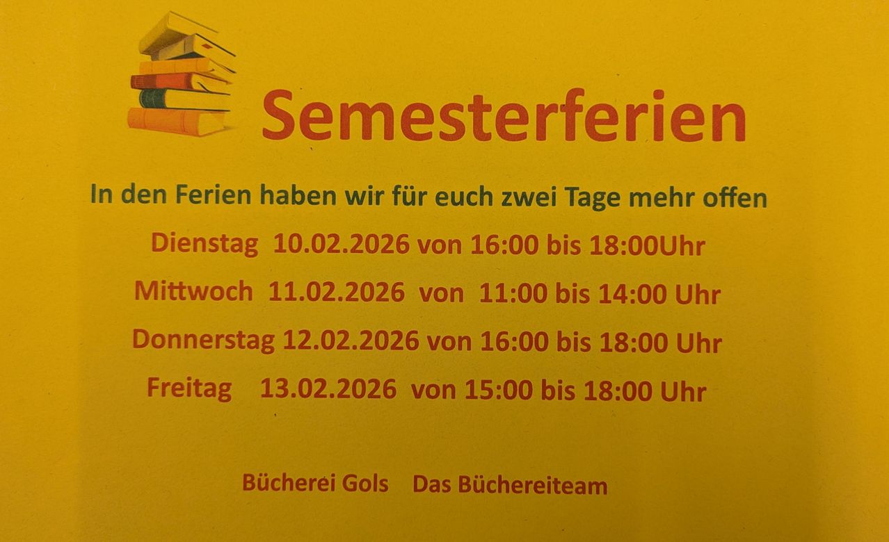 A yellow poster announces semester holidays with extended library hours on Monday, Tuesday, Wednesday, and Thursday. The dates and times are provided in red text.