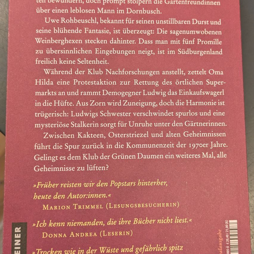 The back cover of a book with text in German discusses a garden club's intrigue, a protest against a supermarket, and a mysterious stalker. It mentions the 1970s and a quote from Marion Trimmel.