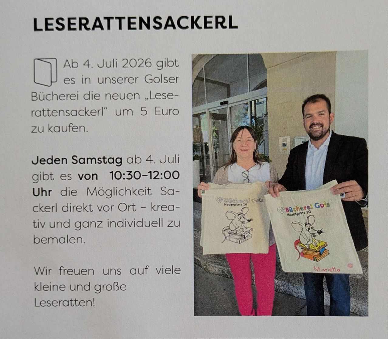 The image shows two people standing in front of a building. One is holding a bag labeled 'Leserattensackerl'. The text mentions new bags available for purchase from July 4th, 2026. They can be purchased directly from the store and customized.