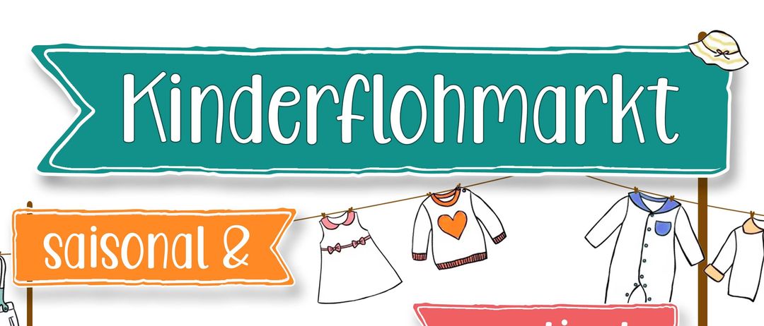 Werbeposter für einen saisonalen und sortierten Kleidungsverkauf am 6. und 7. März. Verkaufszeiten sind am 6. März von 13-18 Uhr und am 7. März von 9-15 Uhr. Buffet und Kinderflohmarkt sind ebenfalls vorhanden.