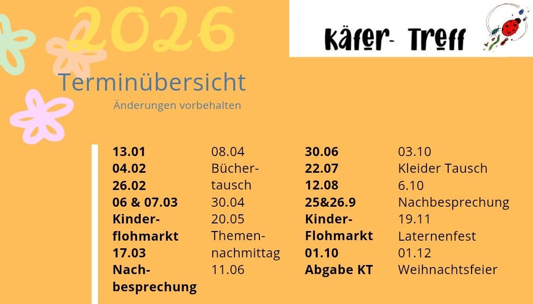 Das Bild zeigt einen Zeitplan für das Jahr 2026 mit Terminen und Veranstaltungen auf Deutsch. Es enthält Daten für Büchertausch, Kinderflohmärkte und mehr.