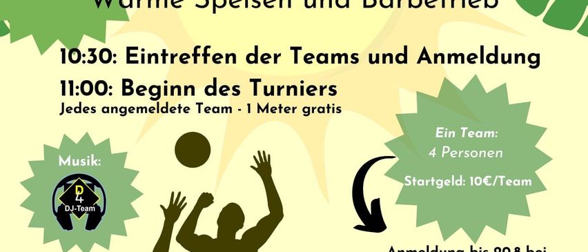 Plakat für ein Volleyball-Turnier in Perschling, Österreich, am 30. August 2025. Die Veranstaltung beinhaltet warme Speisen, einen Grill und Musik. Die Anmeldung ist bis zum 20. August offen. Jedes Team erhält 1 Meter kostenlos. Die Turniergebühr beträgt 10€ pro Team. Kontaktieren Sie Melanie Stöger unter 0660 2999692 für die Anmeldung.