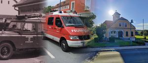 Ein Vintage-Bild zeigt einen Land Rover mit montierter Ausrüstungsbox und einem roten Feuerwehrwagen mit der Aufschrift KLF im Hintergrund.