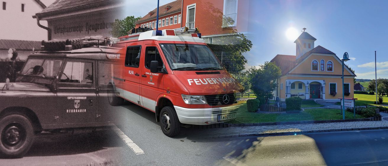Ein Vintage-Bild zeigt einen Land Rover mit montierter Ausrüstungsbox und einem roten Feuerwehrwagen mit der Aufschrift KLF im Hintergrund.
