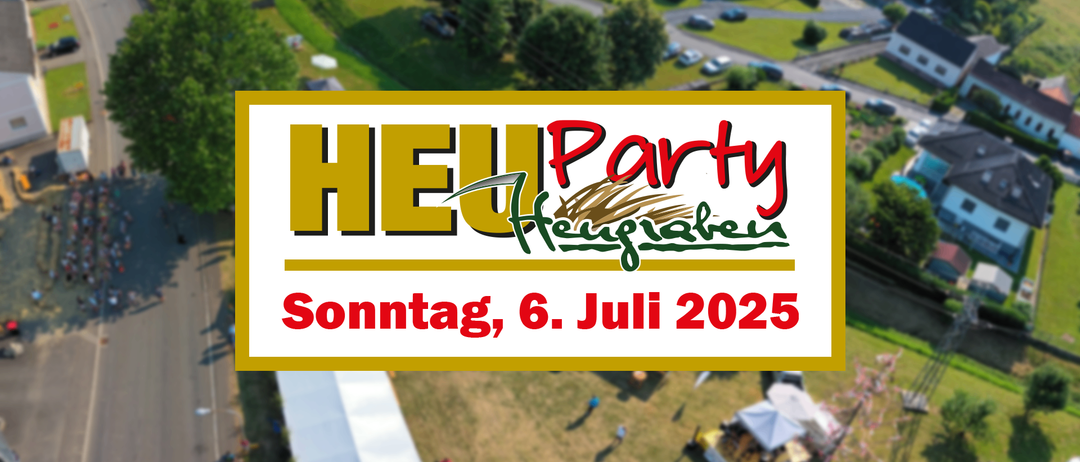 Eine Luftaufnahme einer Partyveranstaltung mit Zelten, Menschen und einem großen Text, der HEU Party Freyunger auf einem weißen Hintergrund liest. Das Datum der Veranstaltung ist der 6. Juli 2025.