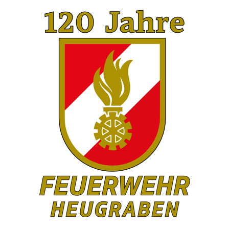 Das Logo zum 120. Jubiläum der Feuerwehr Heuggaben. Es zeigt einen Schild mit roten und weißen Farben, eine goldene Fackel und ein Zahnrad. Die Worte '120 Jahre' und 'Feuerwehr Heuggaben' sind in Gold geschrieben.