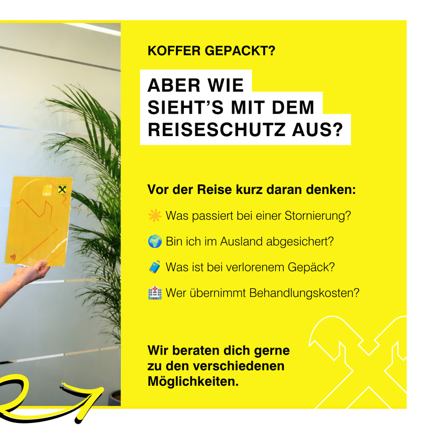 Gelbe Reiseversicherungswerbung. Es fragt, ob Ihr Gepäck gepackt ist. Es stellt verschiedene Szenarien vor, die vor dem Reisen zu bedenken sind. Es bietet Ratschläge zu dem, was in verschiedenen Situationen passiert.