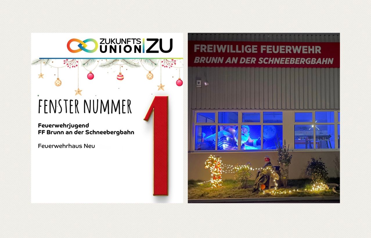 Ein Werbebild für Zukunfts Union zeigt ein Gebäude mit einer Weihnachtsmannprojektion. Es steht 'Freiwillige Feuerwehr Brunn an der Schneebergbahn'.