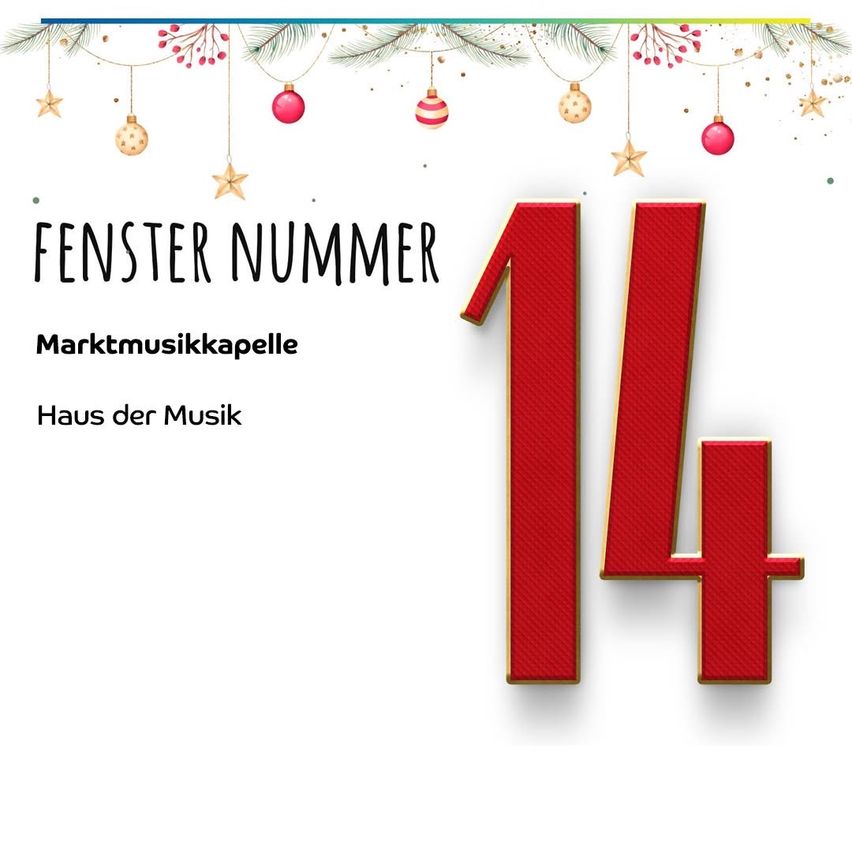 Ein festliches Grafik für Fenster Nummer 14, mit einer großen roten Zahl 14, Weihnachtsdekorationen und Text auf Deutsch.