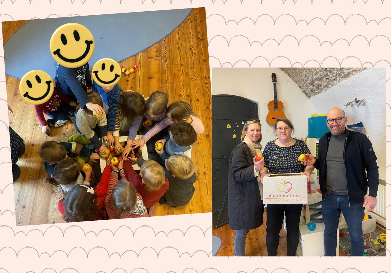 Kinder versammeln sich um einen Tisch mit Äpfeln, lächeln und halten sie. Zwei Frauen halten eine Box mit lachenden Gesichtern und Äpfeln.