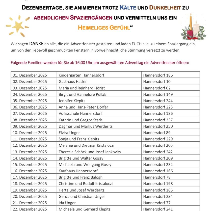 Ein Flyer lädt Familien ein, an einem Adventfenster-Dekorationsevent an verschiedenen Dezemberdaten teilzunehmen. Die Veranstaltung findet jeden Sonntag des Advents um 16 Uhr statt. Jede Familie hat einen bestimmten Adventssonntag zugewiesen.