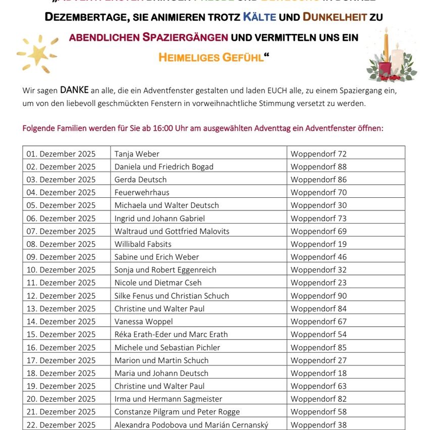 Ein Flyer listet Familien auf, die an bestimmten Dezembertagen 2025 Adventsfenster öffnen. Es hebt eine gemütliche Weihnachtsstimmung hervor und lädt alle zu einem Adventsspaziergang ein.