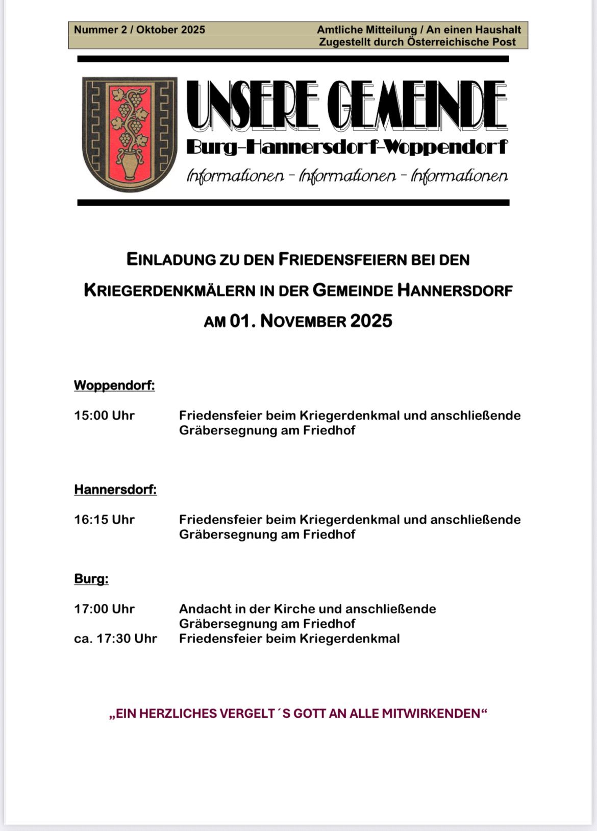 Plakat für die Friedensfeiern an den Kriegerdenkmälern in der Gemeinde Hannersdorf am 01. November 2025. Zeitplan beinhaltet Veranstaltungen in Woppendorf, Hannersdorf und Burg.
