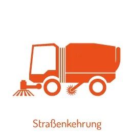 Ein orangefarbenes Straßenreinigungsfahrzeug mit einem Besen vorne, beschriftet mit 'Strafenkehrung.' Das Fahrzeug hat zwei große Räder und ein kleineres Rad hinten.
