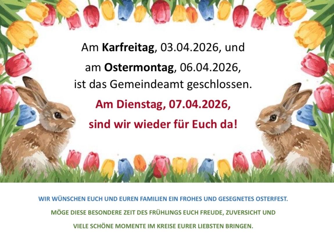 Ostergruss mit bunten Blumen, Häschen und Daten. Geschlossen am 03.04.2026 und 06.04.2026, geöffnet wieder am 07.04.2026.