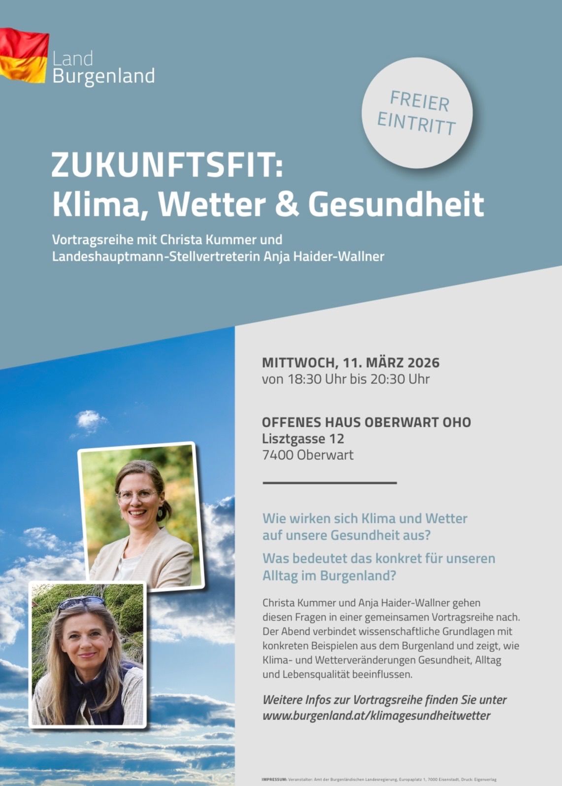 Poster for a lecture series on climate, weather, and health. Scheduled for March 11, 2026, from 6:30 PM to 8:30 PM at Offenes Haus Oberwart. Hosted by Christa Kummer and Anja Haider-Wallner.