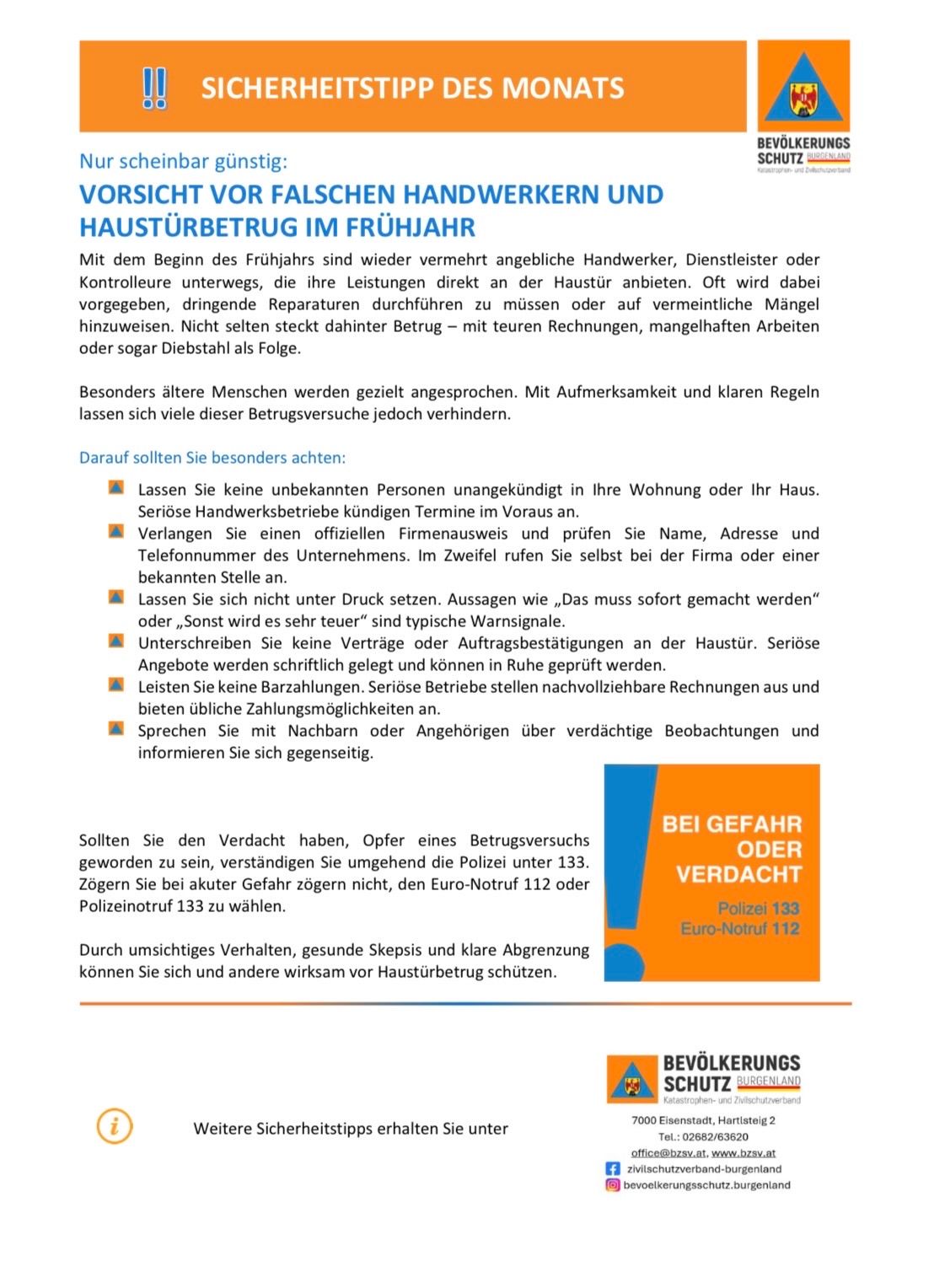 The image shows a warning about potential scams by fraudulent tradespeople and house burglars in early spring. It advises being cautious of unfamiliar individuals at home, verifying business licenses, and not paying upfront. It also suggests contacting police if suspicious activity is suspected.