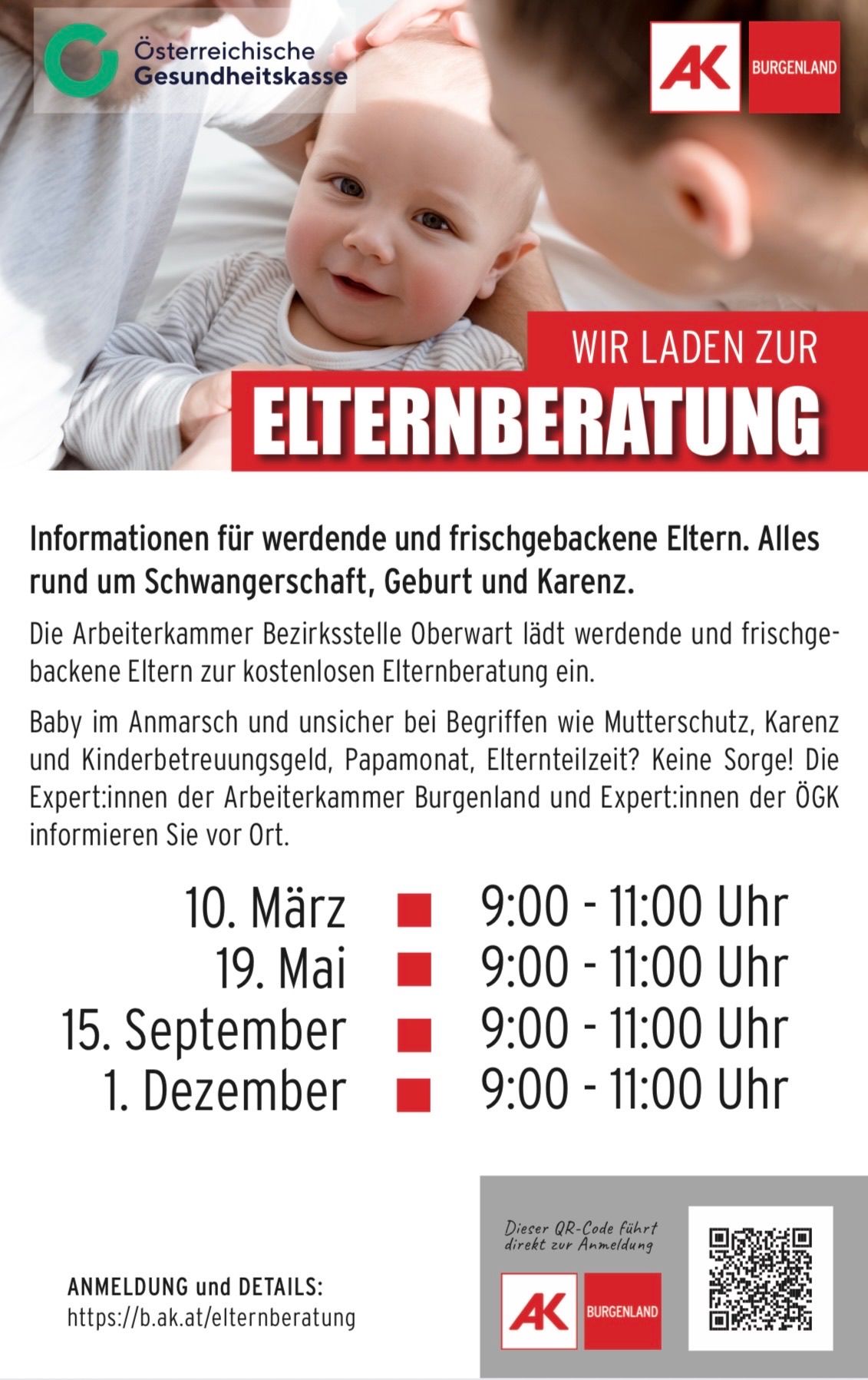 An image for parents' counseling, inviting expectant and new parents to free sessions on pregnancy, birth, and childcare. Dates and times provided.