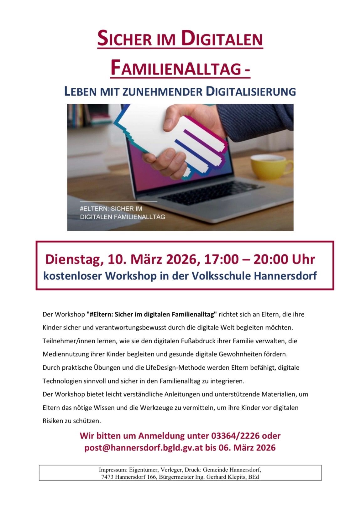 The workshop for parents titled 'Secure in the Digital Family Day' is aimed at parents who want to guide their children safely through the digital world. Participants will learn to manage their family's digital footprint, accompany their children's media use, and promote healthy digital habits. Through practical exercises and the LifeDesign method, parents will be equipped to integrate digital technologies into their family life. The workshop offers easy-to-understand instructions and supporting materials to provide parents with the necessary knowledge and tools to protect their children from digital risks.